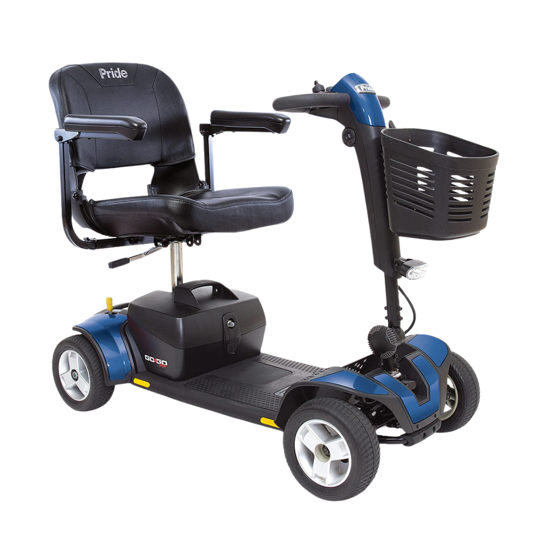 The Pride Go Go® Sport 4-Wheel Scooter features a blue and black design, front basket, padded seat with armrests, easy-to-use control panel, and handlebars for comfort and convenience in enhanced mobility.